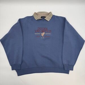 Ducks Unlimited Mens Size XL Sweatshirt Blue Embroidered Polo Collar Distressed